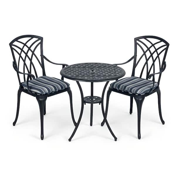 3-Piece Cast Aluminum Round Outdoor Dining Patio Bistro Table Set in Black with Coastal Cushions