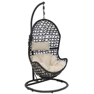 Cordelia Wicker Outdoor Hanging Egg Patio Lounge Chair with Stand and Beige Cushions