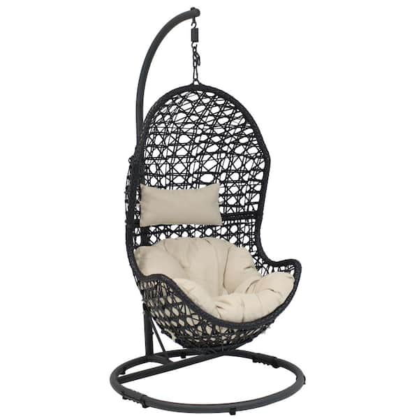 Sunnydaze Cordelia Wicker Outdoor Hanging Egg Patio Lounge Chair with Stand and Beige Cushions