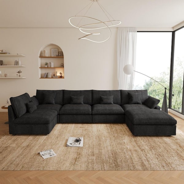 196 in. W Square Arm Linen Upholstered Rectangle 5-Seater Sectional Sofa with Ottoman in. Black