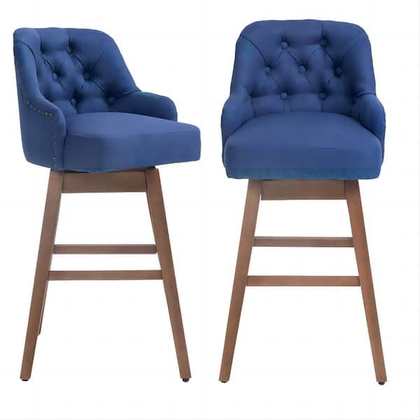 HOMEFUN 28 in. Modern Navy Blue Linen Counter-Height Swivel Bar Stool with Wood Legs( Set of 2)