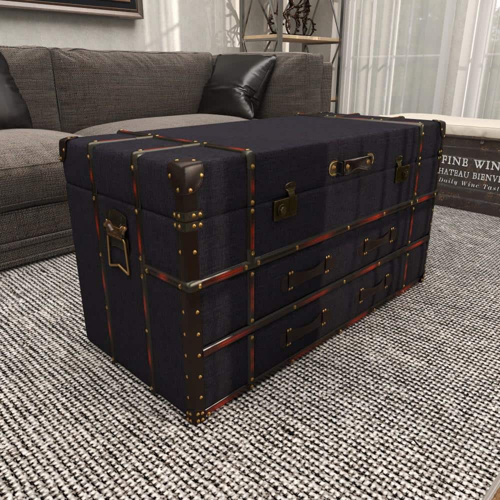 Dark Blue Linen Upholstered Trunk Coffee Table with Storage