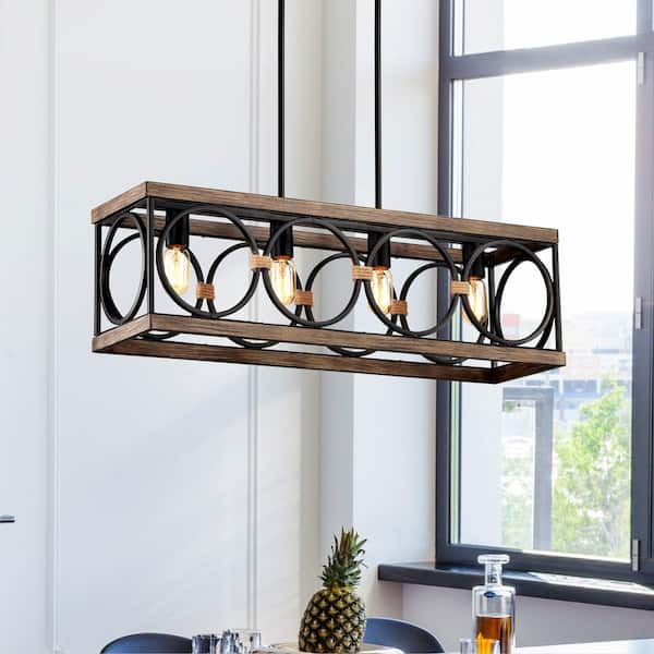 25 -Watt 4-Light Matte Black Shaded Pendant Light with Rectangle Nature Wood Shade , No Bulbs Included