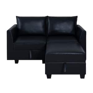 56.1 in. W Faux Leather Modern Straight Arm Loveseat with Ottoman for Sectional Sofa in Black