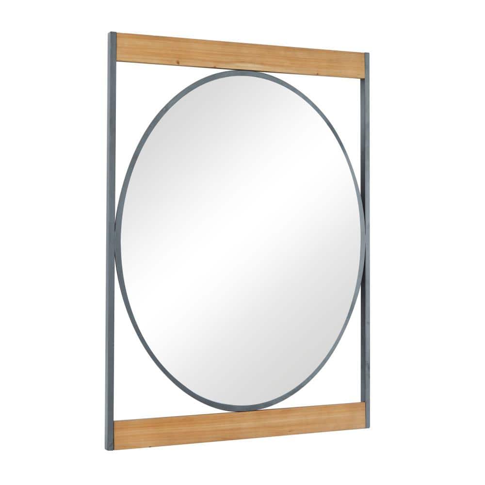 Geometric Oval Pine Wood and Metal Wall Mirror