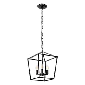 4-light Black Geometric Cage Lantern Chandelier for Kitchen Island with no bulbs included