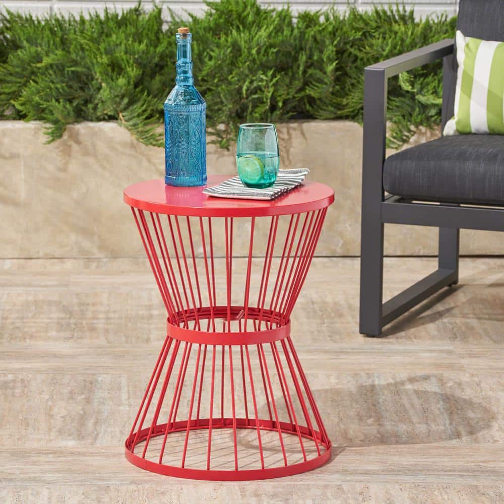 Matte Red Iron Hourglass Outdoor Side Table