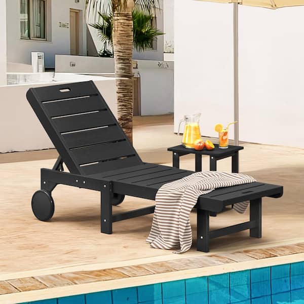 LUE BONA Heli Recycled Black Patio Lounge Chair Plastic Stackable Outdoor Chaise Lounge Chair With Table