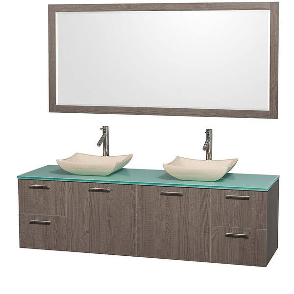 Wyndham Collection Amare 72 in. Double Vanity in Grey Oak with Glass Vanity Top in Aqua and Marble Sink