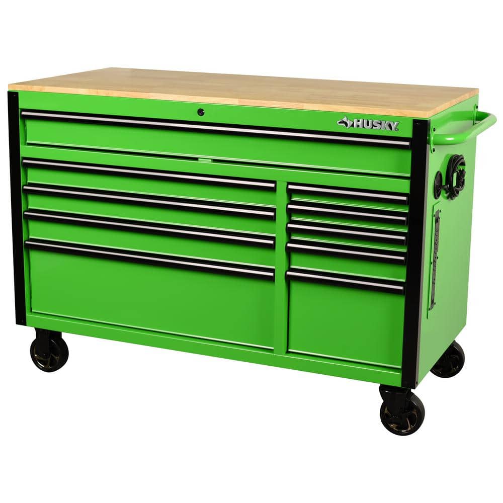 Husky 52 in. W x 24.5 in. D Standard Duty 10-Drawer Mobile Workbench Tool Chest with Solid Wood Work Top in Gloss Green, Gloss Green with Black Trim -  H52MWC10GRN