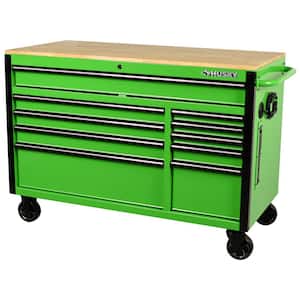 52 in. W x 24.5 in. D Standard Duty 10-Drawer Mobile Workbench Tool Chest with Solid Wood Work Top in Gloss Green
