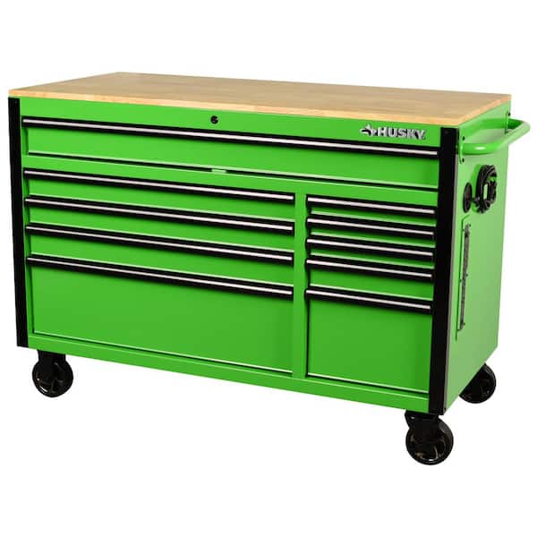 Husky 52 in. W x 24.5 in. D Standard Duty 10-Drawer Mobile Workbench Tool Chest with Solid Wood Work Top in Gloss Green