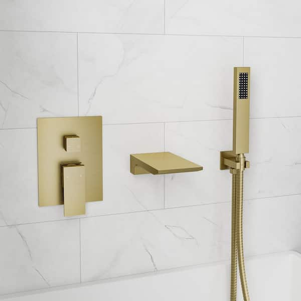 YAWWALK Single-Handle 2-Spray Wall Mount Roman Tub Faucet with Hand Shower in Brushed Gold (Valve Included)