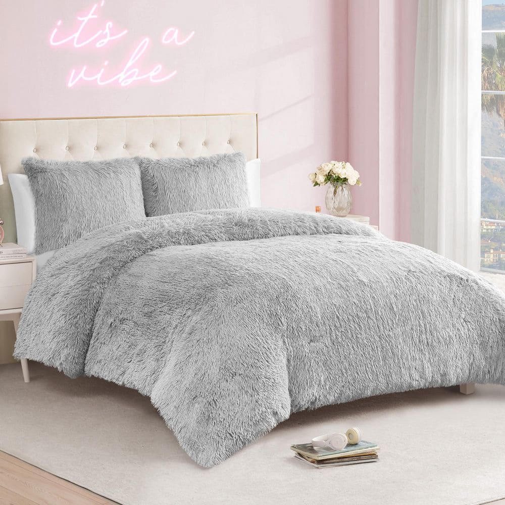 Gray Faux Fur King Comforter Set with Shams