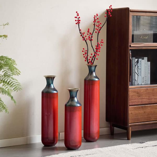 28.34 in. Red Metal Bottle Decorative Vase Set of 3,Rustic Floor