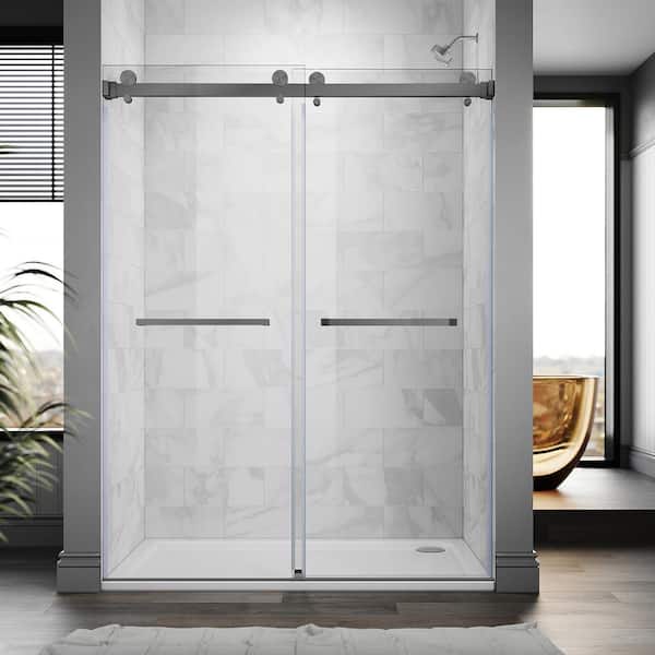 UNIKOO UKD01 61 to 65 in. W x 80 in. H Double Sliding Frameless Shower Door in Space Gray, EnduroShield 3/8 in. Clear Glass