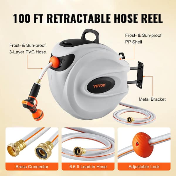 Retractable Garden Hose Reel - 5/8 inch x 90 ft Wall Mounted Hose Reel with  10 Pattern Nozzle & Any Length Lock, Heavy Duty Water Hose Supports  Automatic Rewind & 180° Swivel, Black 