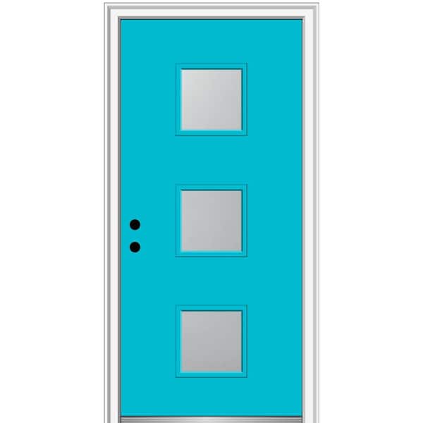 MMI Door 30 in. x 80 in. Aveline Right-Hand Inswing 3-Lite Frosted Glass Painted Fiberglass Smooth Prehung Front Door