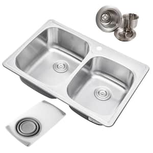 Topmount Drop-In 18G Stainless Steel 33-1/8 in. 1-Faucet Hole 60/40 Double Bowl Kitchen Sink with Colander and Strainer