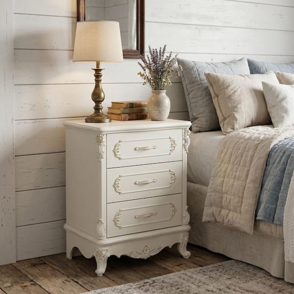 23.6 in. W White Rectangle Wood End Table, Side Table, Nightstand with 3-Drawers and European Court Style Carved Flowers
