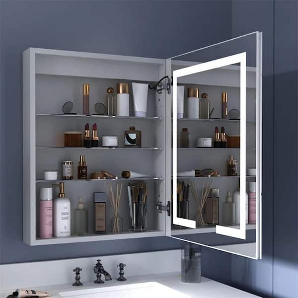 24 in. W x 30 in. H Medium Rectangular Silver Aluminum Right Swing Recessed/Surface Mount Medicine Cabinet with Mirror