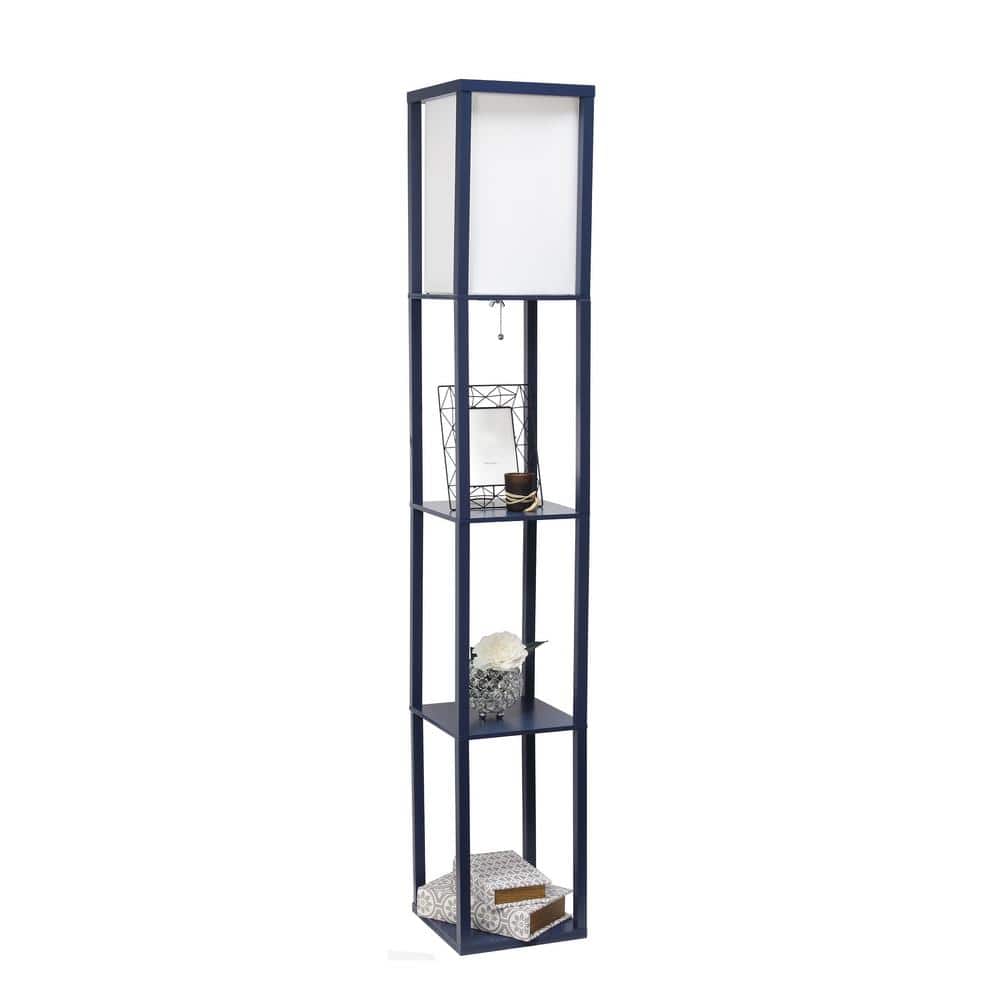 Navy Linen-Shade Floor Lamp with Organizing Storage Shelf