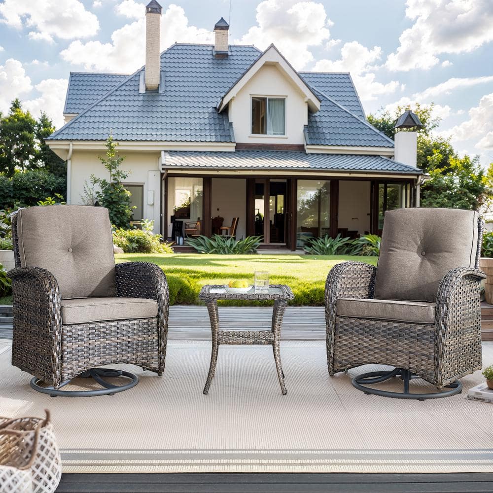 SleekArm Brown 3-Piece Wicker Outdoor Rocking Chair Patio Conversation Set with Gray Cushions and Side Table price history on PriceWatchPro