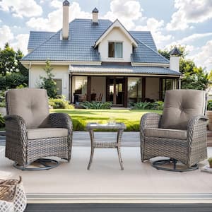 Brown 3-Piece Wicker Outdoor Rocking Chair Patio Conversation Set with Gray Cushions and Side Table