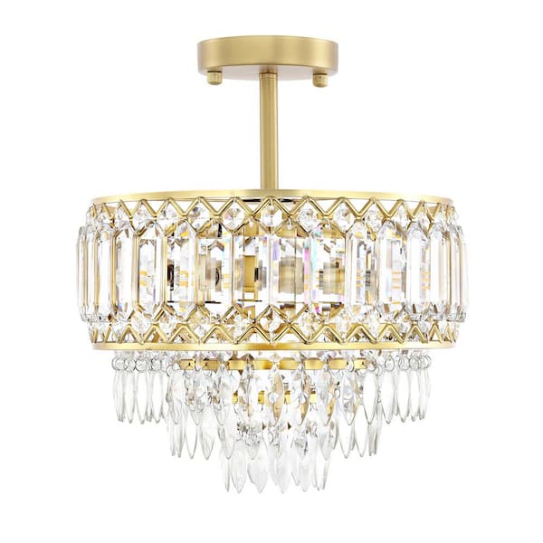 11.6 in. 3-Light Gold Glam Empire Crystal Semi-Flush Mount Chandelier