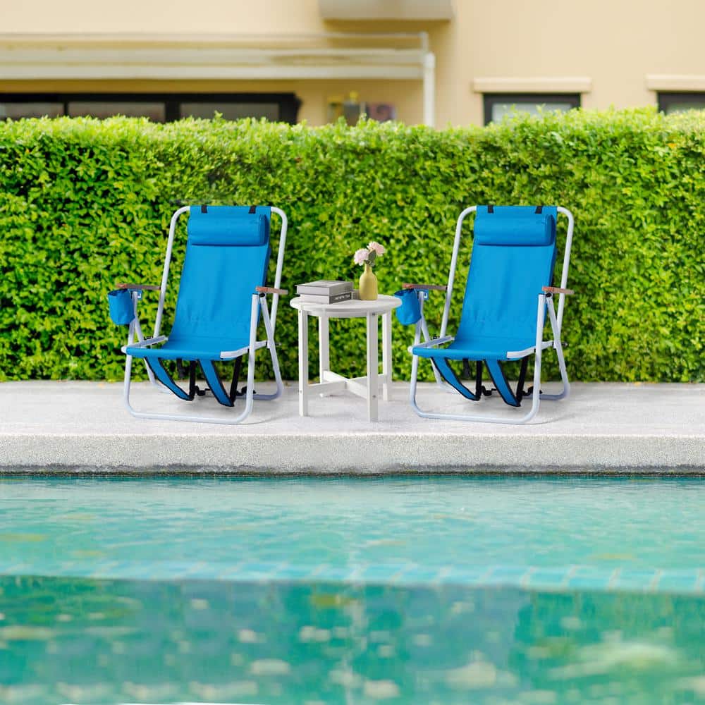 Blue Steel Folding Beach Armchair Set with Wooden Armrests