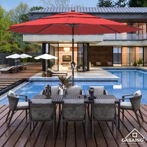 11 ft.3-Layer Aluminum Market Solar Tilt Patio Umbrella with 32-LED Light in Red