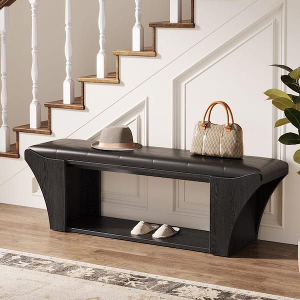 BYBLIGHT Black Entryway Bench Dining Table Bench 57 " Modern Shoe Bench with Underneath Storage Space, Bedroom Bench with Cushion