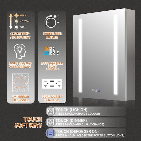 GroGro Glare 20 in. W x 26 in. H Rectangular Aluminum Recessed/Surface Mount Left Open Medicine Cabinet with Mirror LED