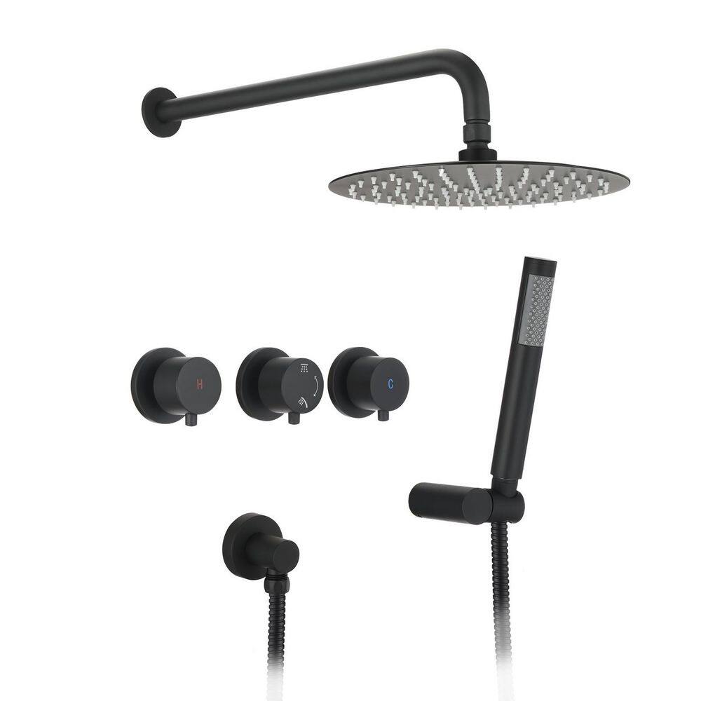 MYCASS SHOW 10 in. 3Handle 2Spray Round Rain Black Shower Faucet with
