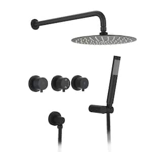 SHOW 10 in. 3-Handle 2-Spray Round Rain Black Shower Faucet with Knob Handles in Matte Black(Valve Included)