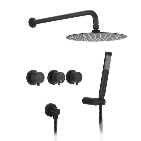 MYCASS SHOW 10 in. 3-Handle 2-Spray Round Rain Black Shower Faucet with Knob Handles in Matte Black(Valve Included)