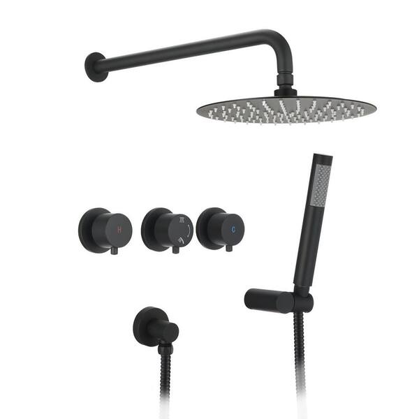 BTCSTAR SHOW 10 in. 3Handle 2Spray Round Rain Black Shower Faucet