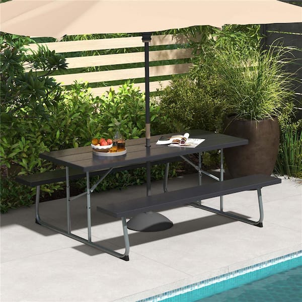 72 in. Black Rectangle HDPE Plastic Picnic Tables 8 Person Umbrella Hole