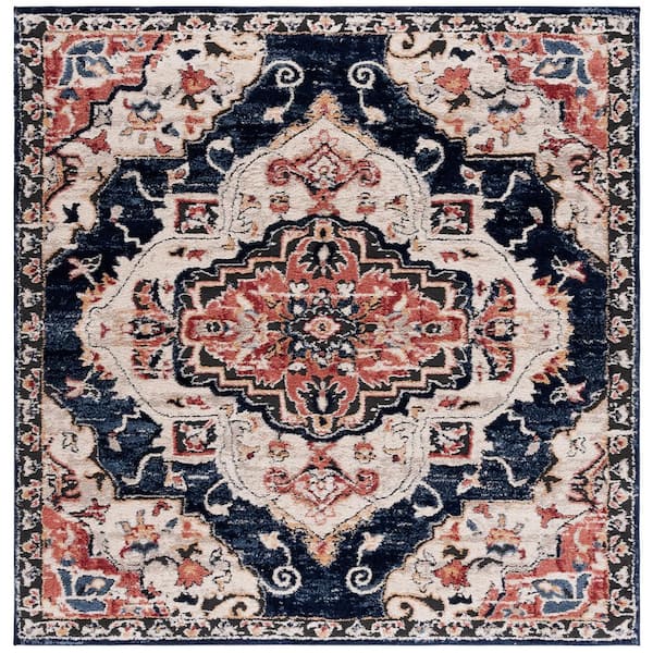 Luna 7 ft. x 7 ft. Navy/Beige Rust Ornate Border Medallion Square Area Rug