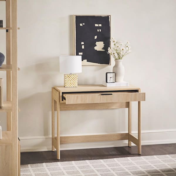 Modern 38 in. Rectangular Coastal Oak Wood 1-Drawer Desk with Reeded Drawer Front