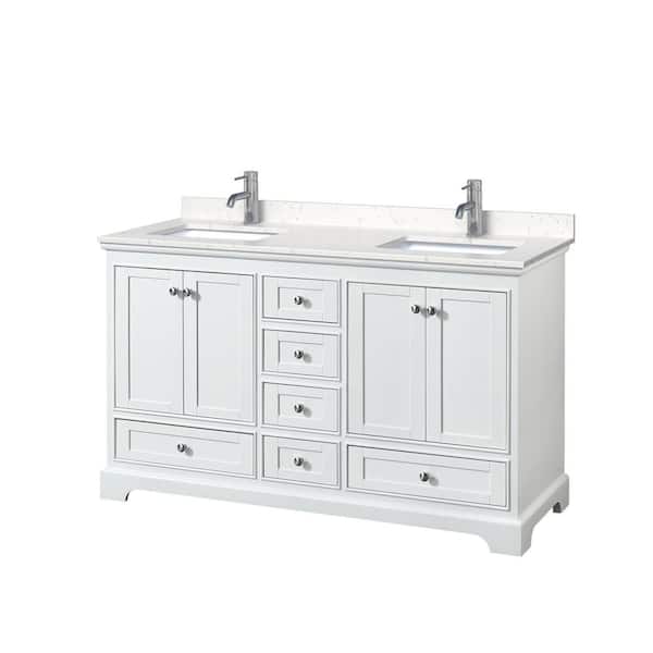 Wyndham Collection Deborah 60in.Wx22 in.D Double Vanity in White with Cultured Marble Vanity Top in Light-Vein Carrara with White Basins