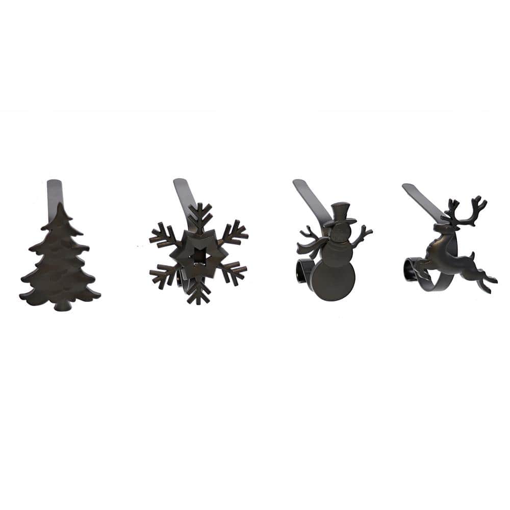 Matte Black Metal MantleClip Stocking Holders with Holiday Icons, 4-Pack