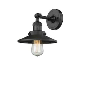 Railroad 8 in. 1-Light Matte Black Wall Sconce with Matte Black Metal Shade