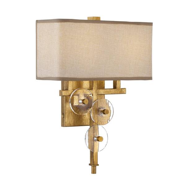 Varaluz Engeared 2-Light Antiqued Gold Leaf Wall Sconce with Gold Fabric Shade