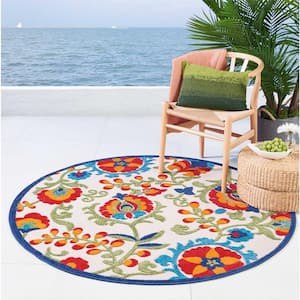 Aloha Multicolor 5 ft. x 5 ft. Round Floral Modern Indoor/Outdoor Patio Area Rug