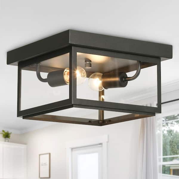 LNC Modern 2-Light Matte Black Flush Mount Outdoor Ceiling Light with Clear Glass Shade for Front Porch Roof Lighting