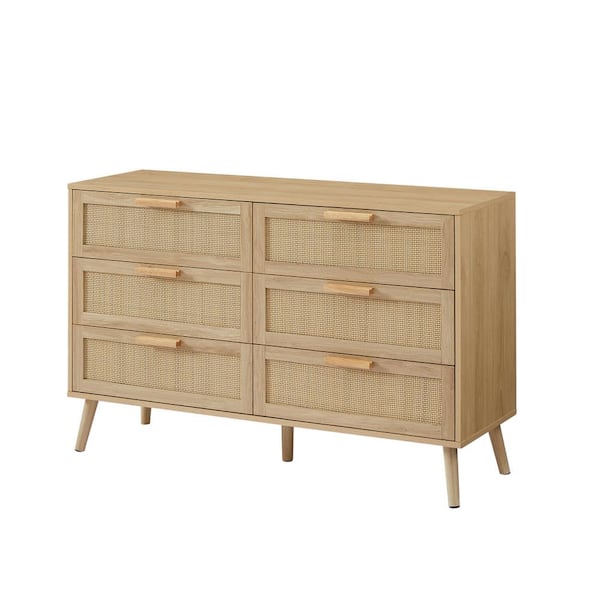 47 in. W x 16 in. D x 30 in. H Beige Linen Cabinet, 6-Double Bedroom Dresser with Rattan Drawers, Wood Chest of Drawers