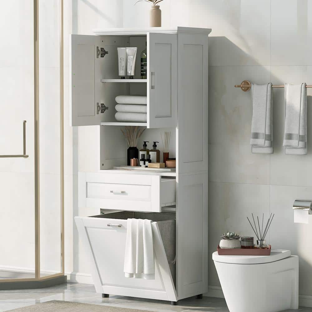 25 in. W x 16 in. D x 70 in. H White MDF Freestanding Linen Cabinet with Laundry Basket, Drawers, Adjustable Shelf price history on PriceWatchPro
