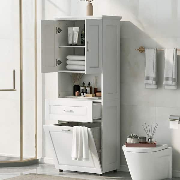 25 in. W x 16 in. D x 70 in. H White MDF Freestanding Linen Cabinet with Laundry Basket, Drawers, Adjustable Shelf