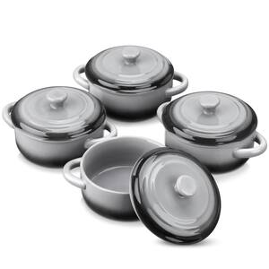 4-Piece Round Ceramic Soup Bowls with Handles, Mini Baking Ramekins, Oven & Microwave Safe Casserole Set, Black Gray